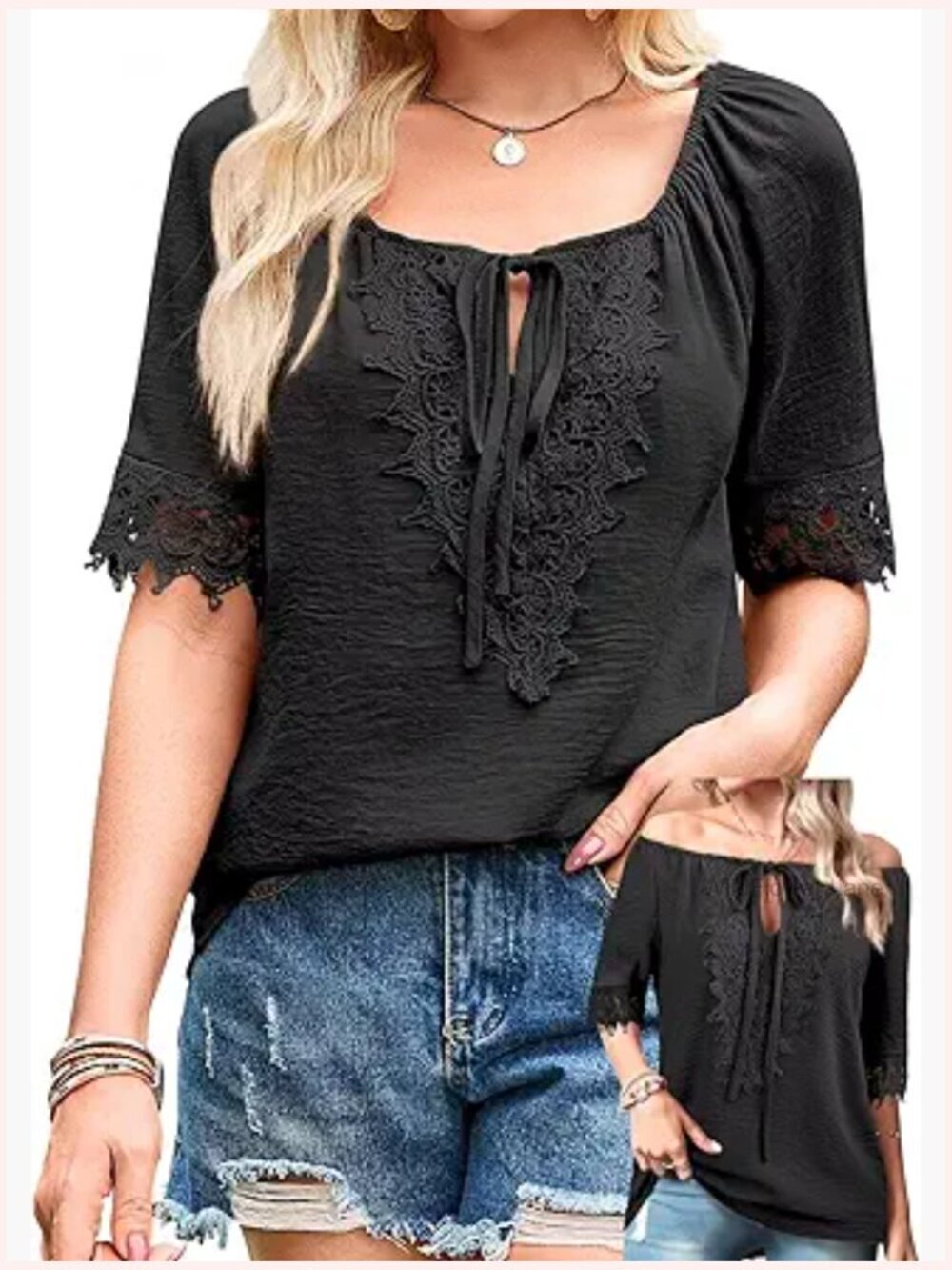 Off The Shoulder Boho Lace Blouse Flowy Tie Front Tunic Top